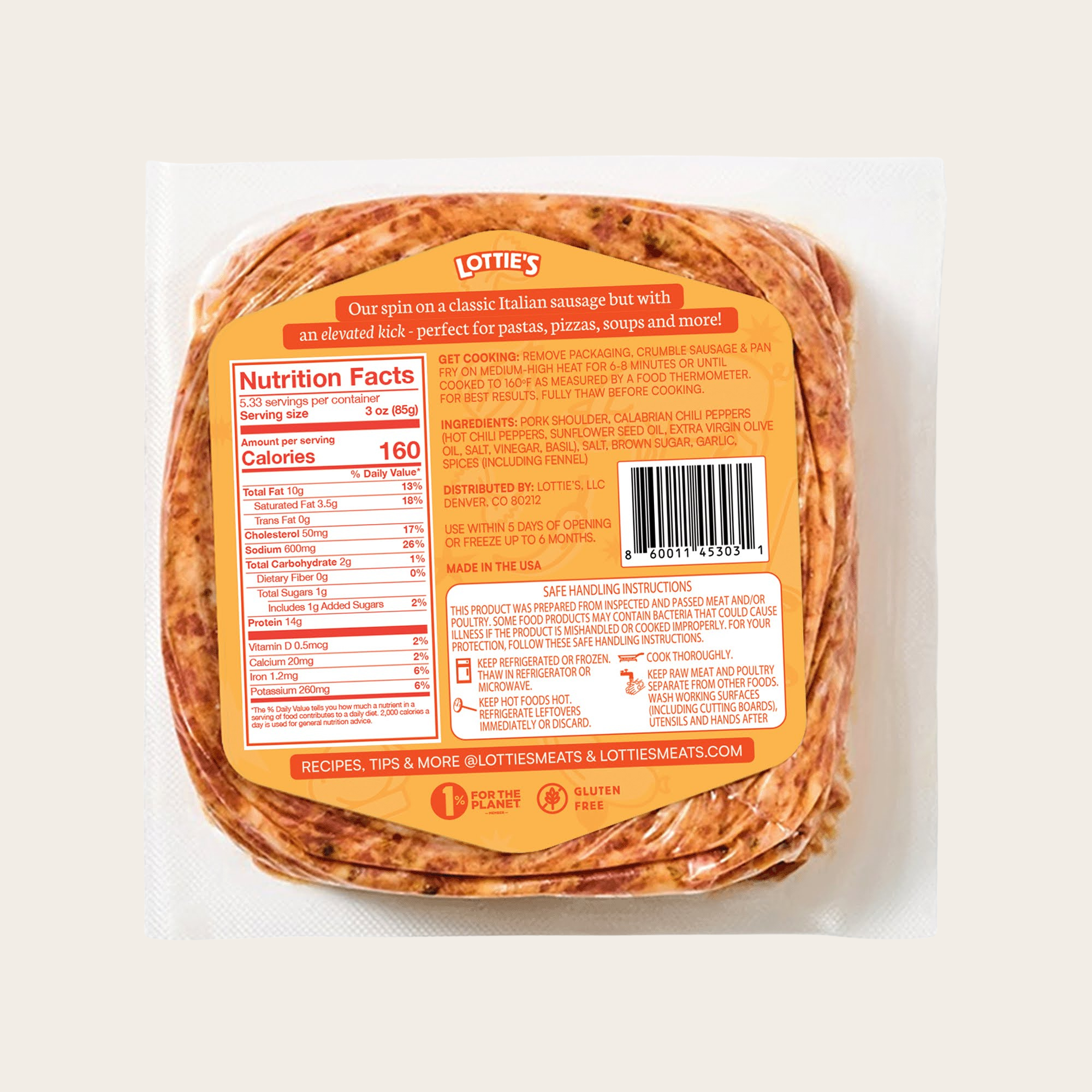 Packaged Lotties sausage with nutrition label on a white background