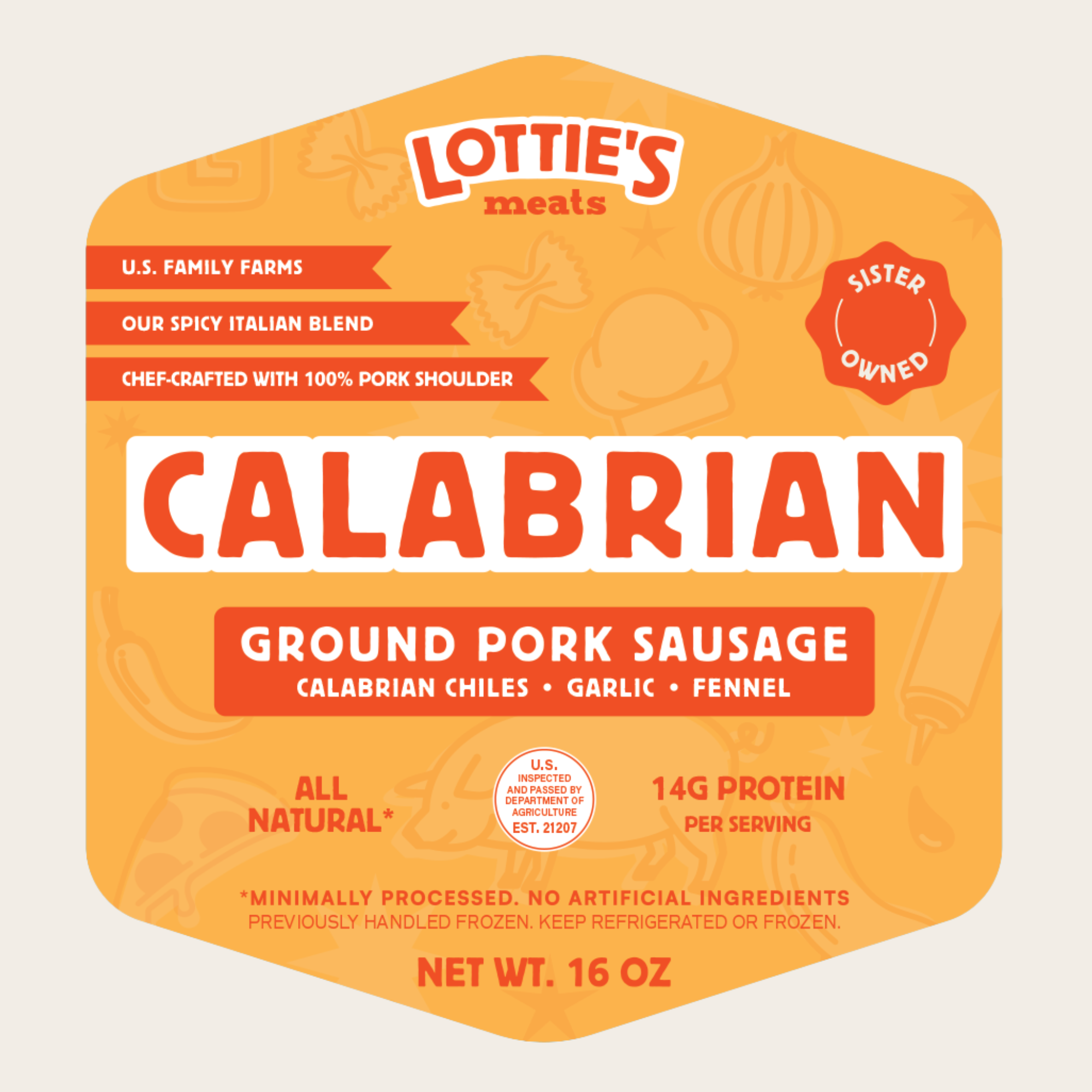 Lottie's Meats Calabrian ground pork sausage package on a beige background