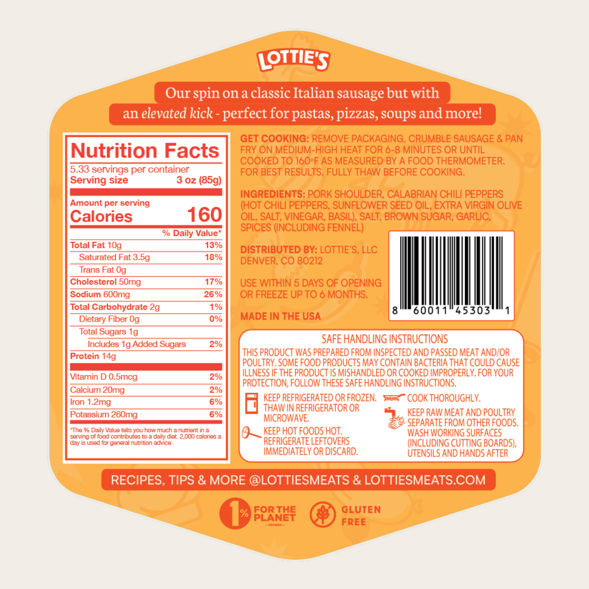 Lottie's meat product label with nutrition facts and ingredients on a white background