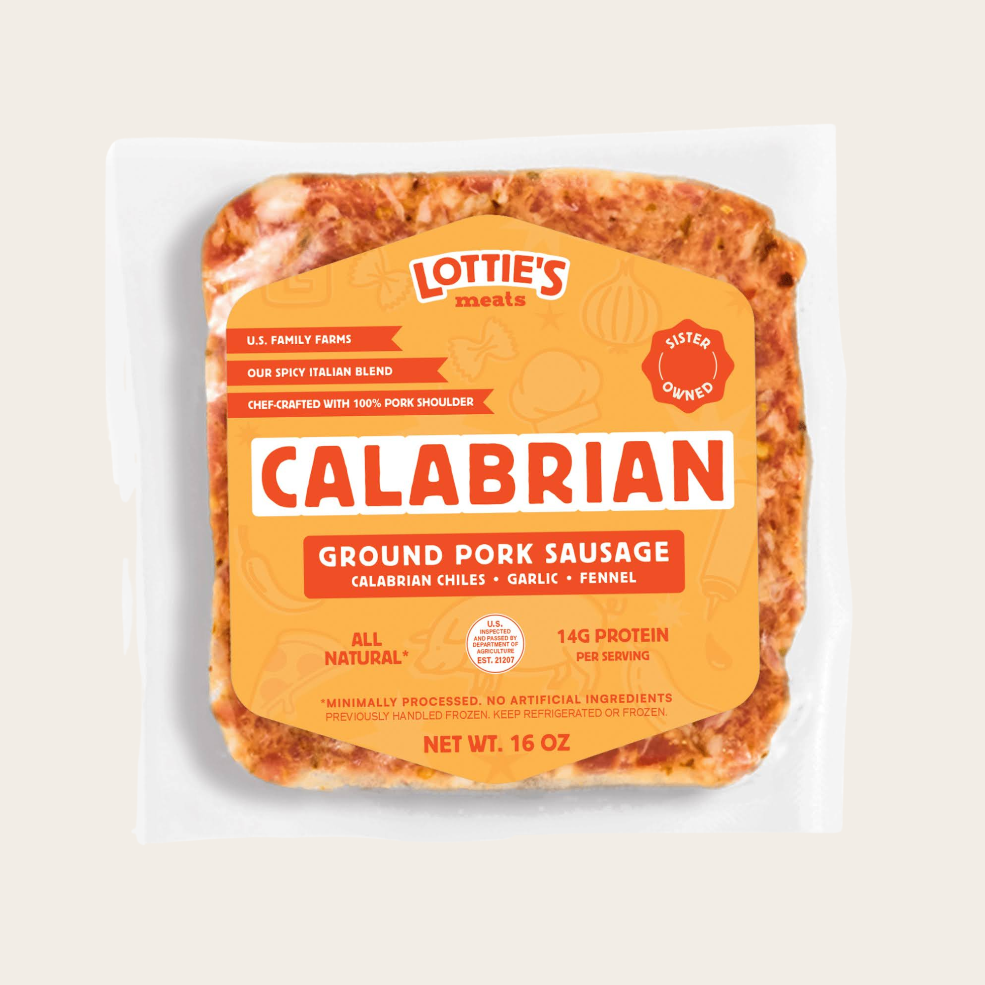 Packaged ground pork sausage with Lottie's Meats branding on a beige background