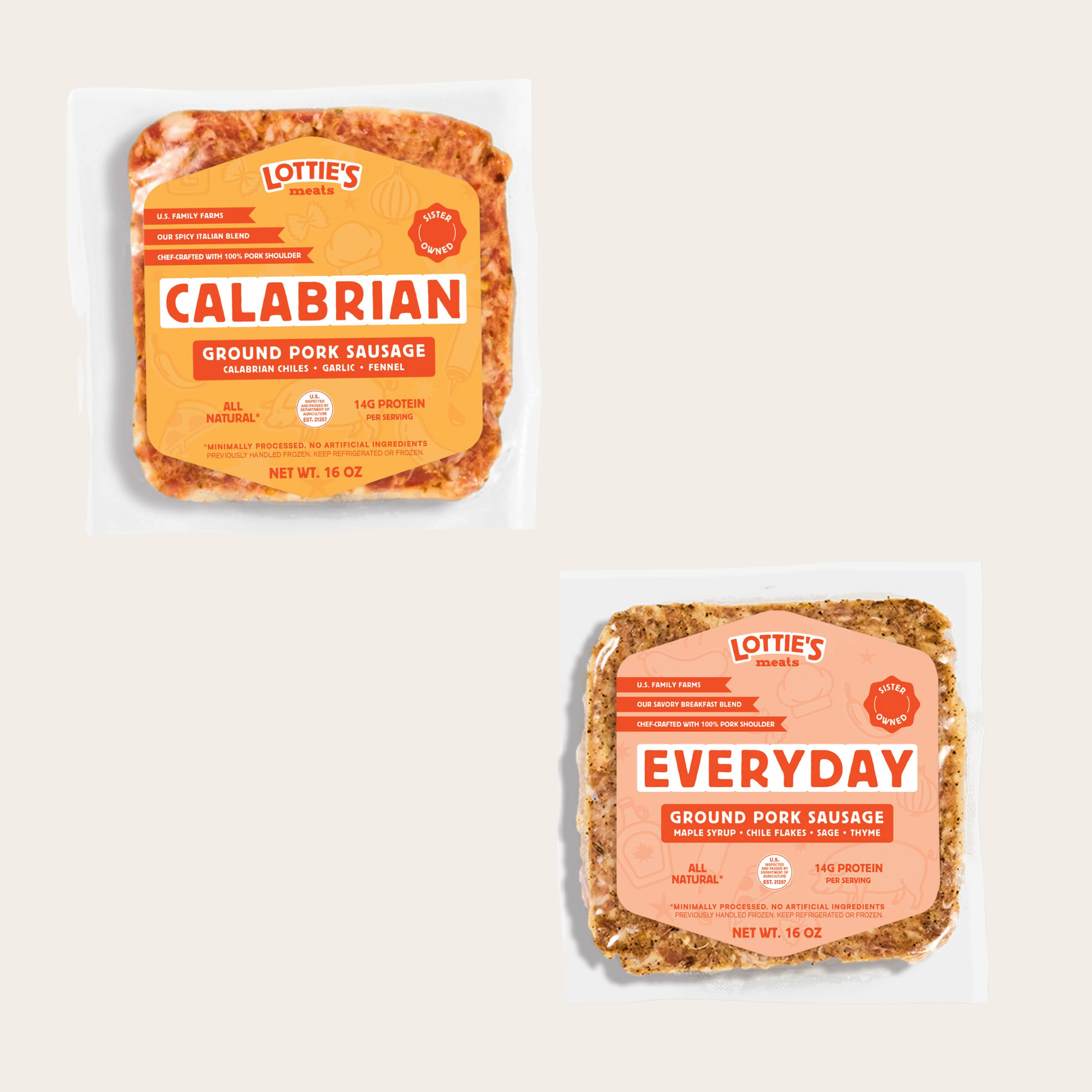 Two packages of Lottie's Ground Pork Sausage on a light beige background