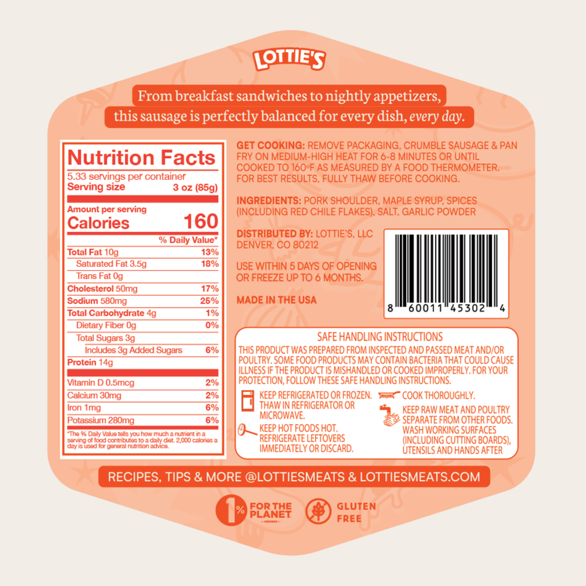 Nutrition label and safety instructions for Lottie's sausage on a light pink background
