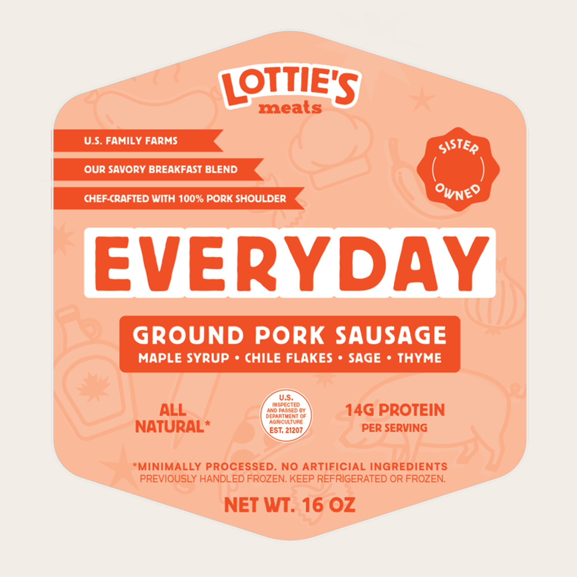 Lottie's Meats Everyday Ground Pork Sausage package on a beige background