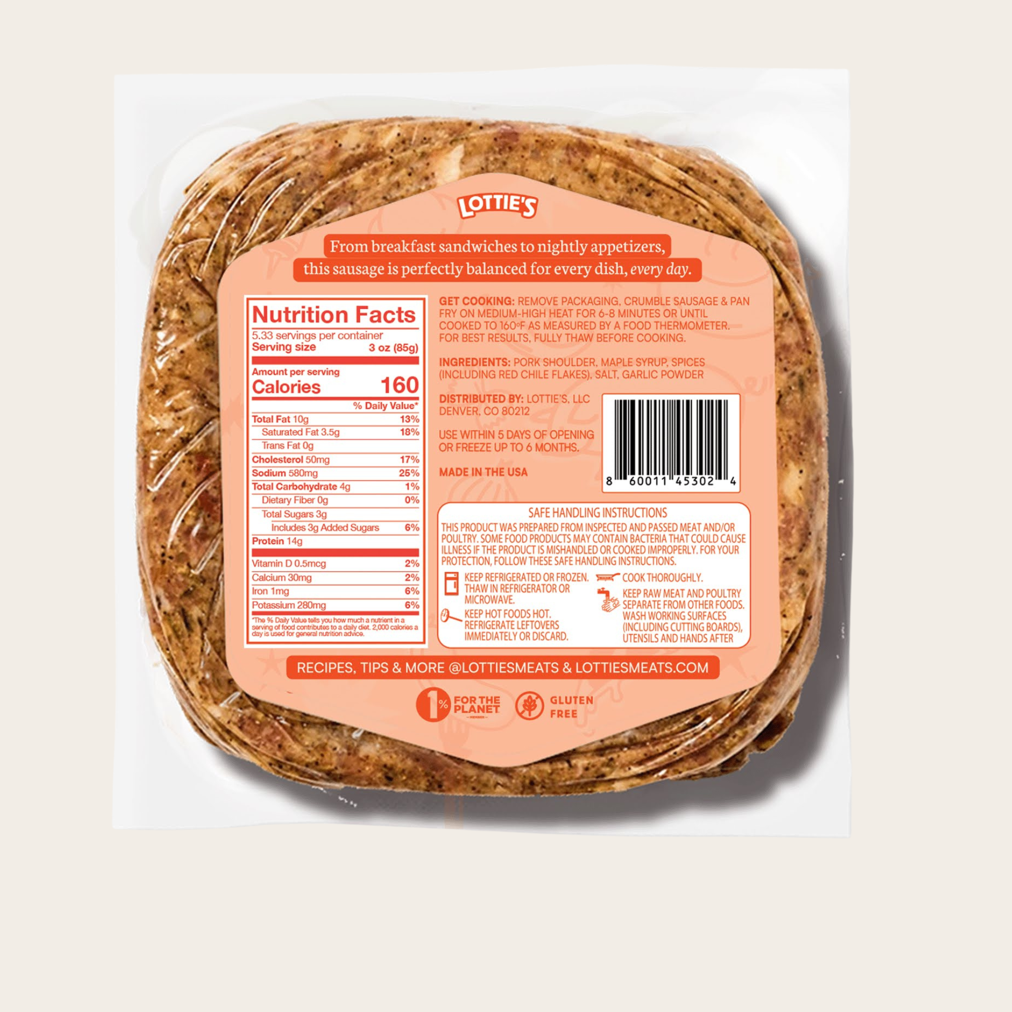 Packaged sausage with a nutrition label on a beige background