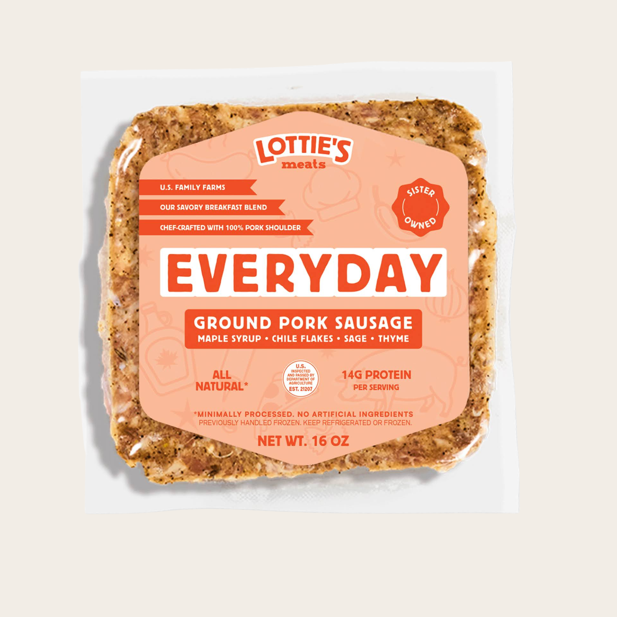 Packaged ground pork sausage with Lottie's Meats label on a light background