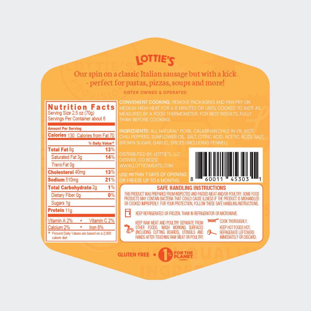 Lottie's Calabrian Sausage Back Label