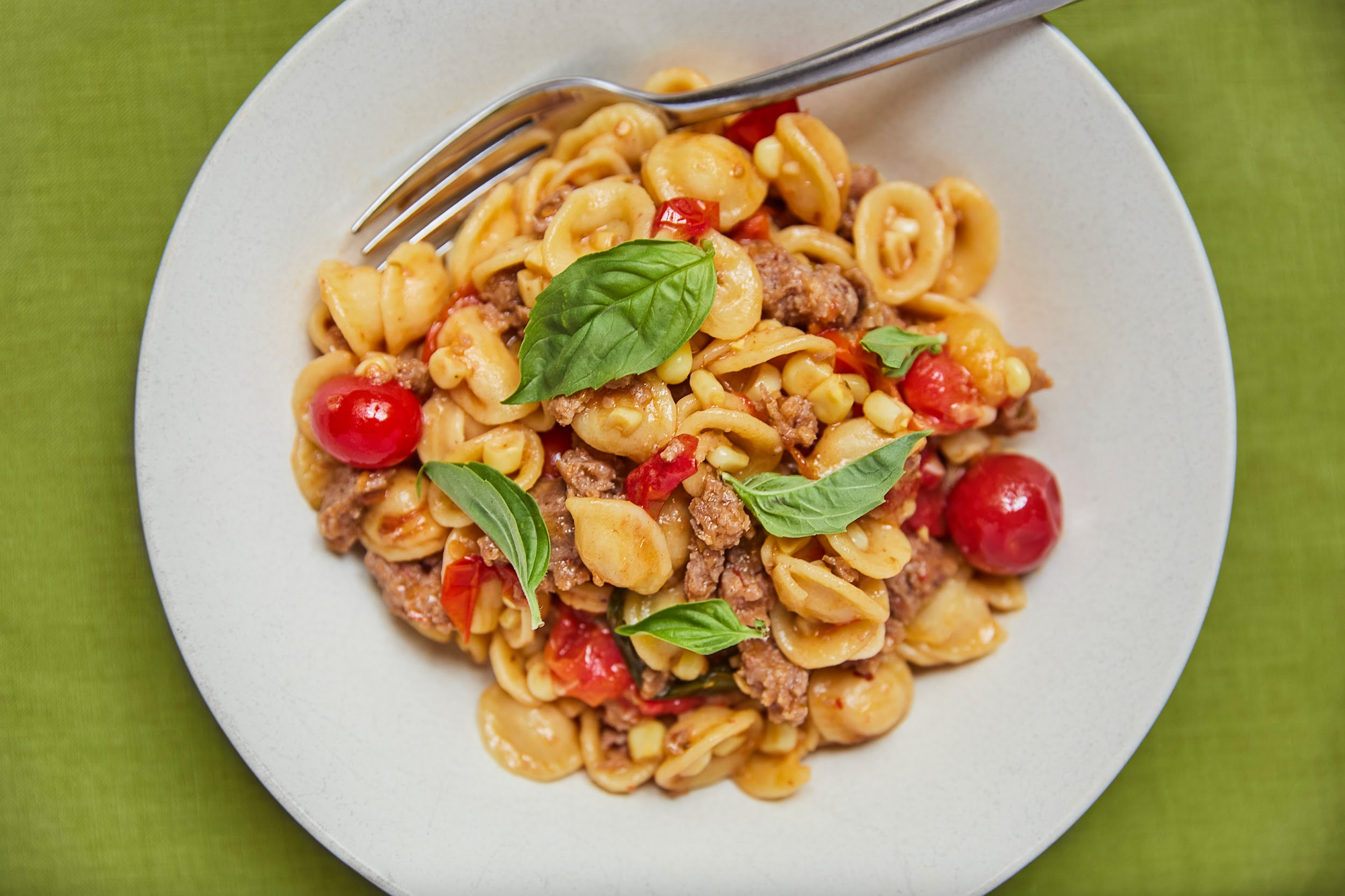 Lottie’s Calabrian Sausage, Corn & Tomato Pasta
