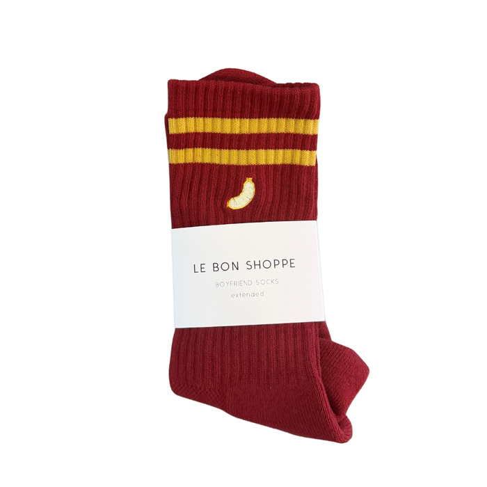 ankle socks with stripes and hotdog icon in folded packaging 
