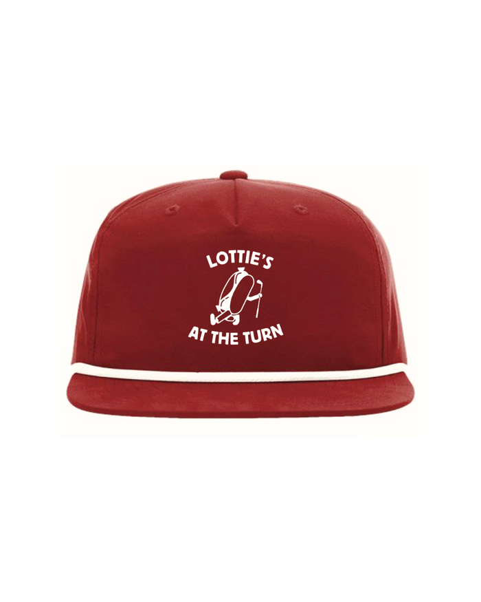Red cap with white text and logo on a white background