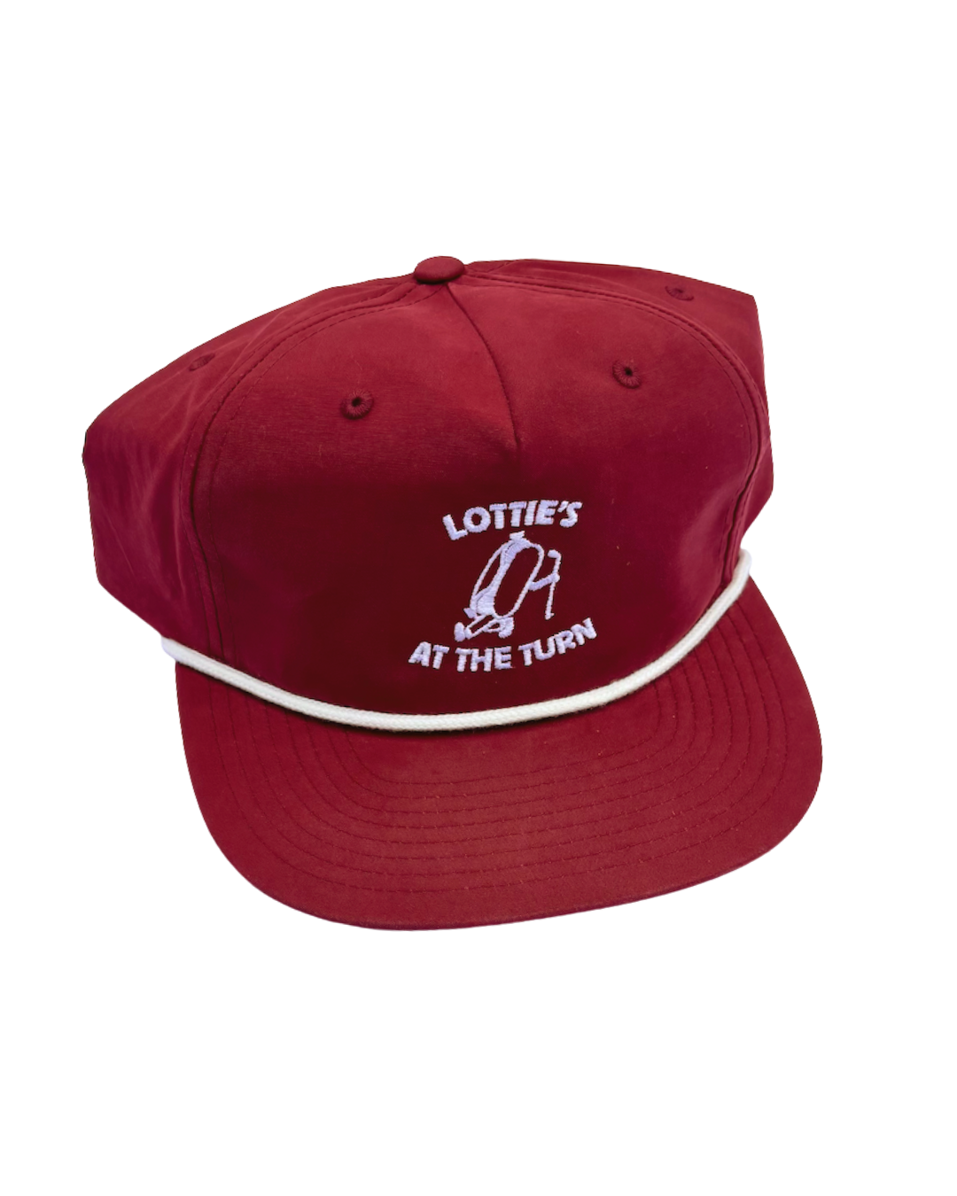 Red cap with white text and logo on a white background